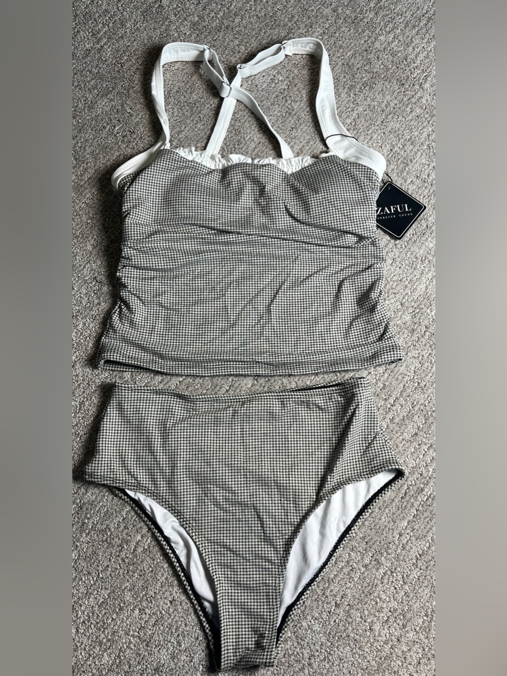 Gingham Tankini Set Striped  Square Neck Cross Strap Full Coverage Bottoms S. - Picture 6 of 8